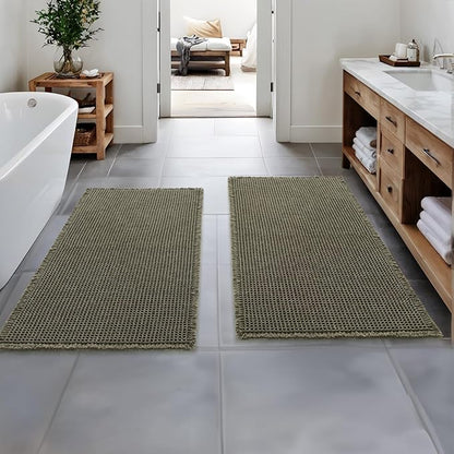 MIULEE Set of 2 Waffle Bathroom Runner Rugs, Boho Bath Rugs Non Slip, Super Absorbent Runner Bath Mats, Rubber Backed Shower Mats for Hallway Bedroom Laundry Room, Green, 2'x4'(24x48 Inch)