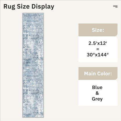 Soalmost Runner Rug 2'6" x 12' Washable Non-Slip 2.5x12 ft Long Runner Rugs for Kitchen Bathroom Laundry Room Vintage Ultra Thin Runners for Hallway Entryway Blue/Grey