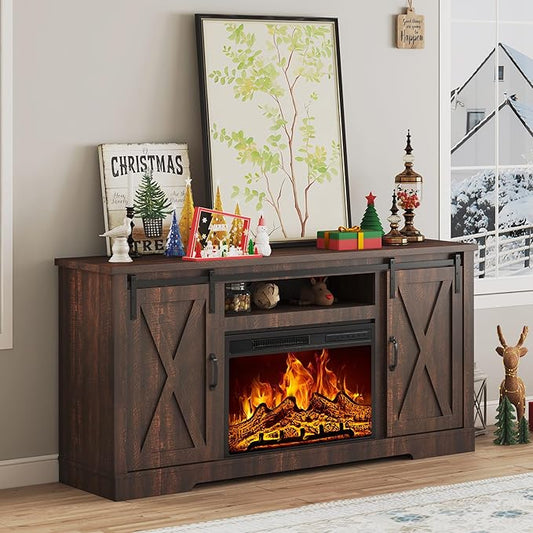 AMERLIFE Fireplace TV Stand with Sliding Barn Door for TVs up to 73", Farmhouse 63" Fireplace Entertainment Center with Storage Cabinets/Adjustable Shelves, Reclaimed Barnwood