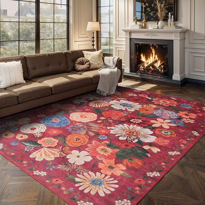 Area Rugs 10x14 for Living Room, Non Slip Machine Washable Floral Rugs, Low Pile Lightweight Large Rug for Bedroom, Dining Room, Home Office, Red Garden
