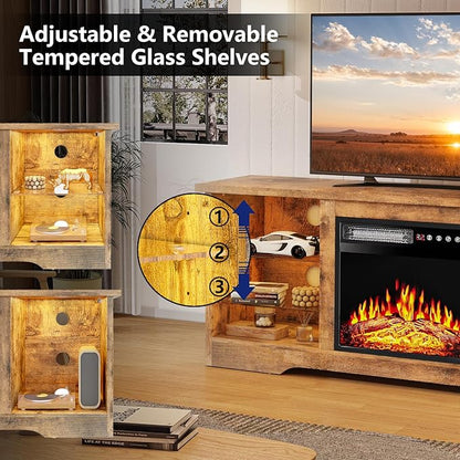 TAVATA Fireplace TV Stand with 18" Fireplace, Modern Entertainment Center for TVs up to 65 inch, Media TV Console for Living Room with Led Lights, Adjustable Glass Shelves and Storage Cabinets (Brown)