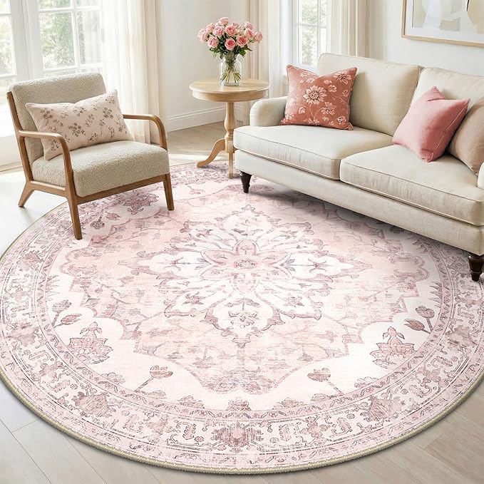 RELEANY Area Rugs Round 6ft Washable Non-Slip, Floral Vintage Distress Print Pattern Medallion Carpet for Living Room Bedroom Dining Room, Pink Greypink Cute