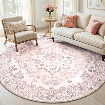 RELEANY Area Rugs Round 6ft Washable Non-Slip, Floral Vintage Distress Print Pattern Medallion Carpet for Living Room Bedroom Dining Room, Pink Greypink Cute