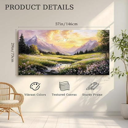 crmotu Landscape Wall Art, Mountain Wall Art, Countryside Scenic Canvas Prints, Nature River Wildflower Spring Oversized Paintings for Living Room Bedroom Dining Room Farmhouse Cottage 29x57inch