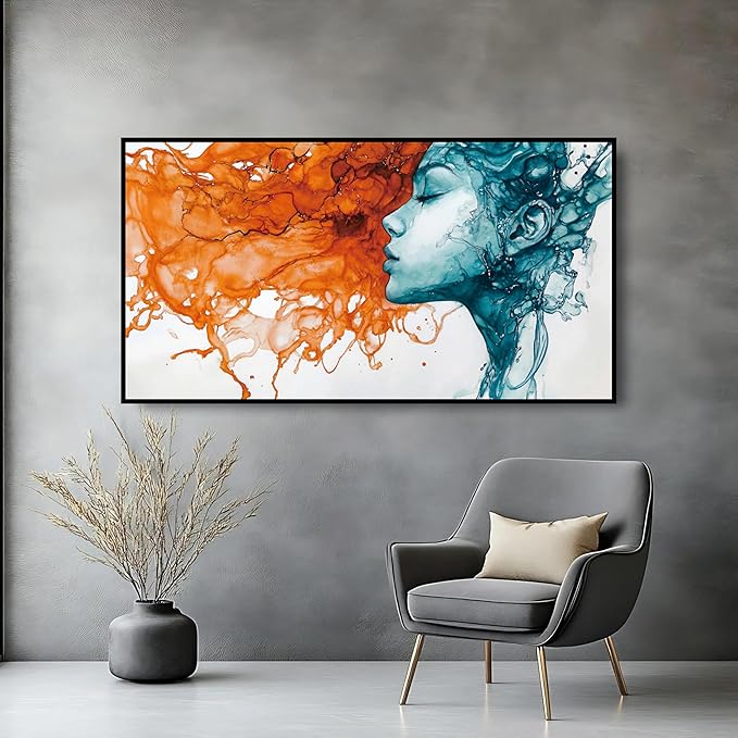 Modern Abstract Crystal Porcelain wall art Teal and Orange Fluid Painting Aluminum Framed large wall art for Living Room Bedroom Office Hallway artwork for walls 24x48 In