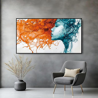 Modern Abstract Crystal Porcelain wall art Teal and Orange Fluid Painting Aluminum Framed large wall art for Living Room Bedroom Office Hallway artwork for walls 24x48 In