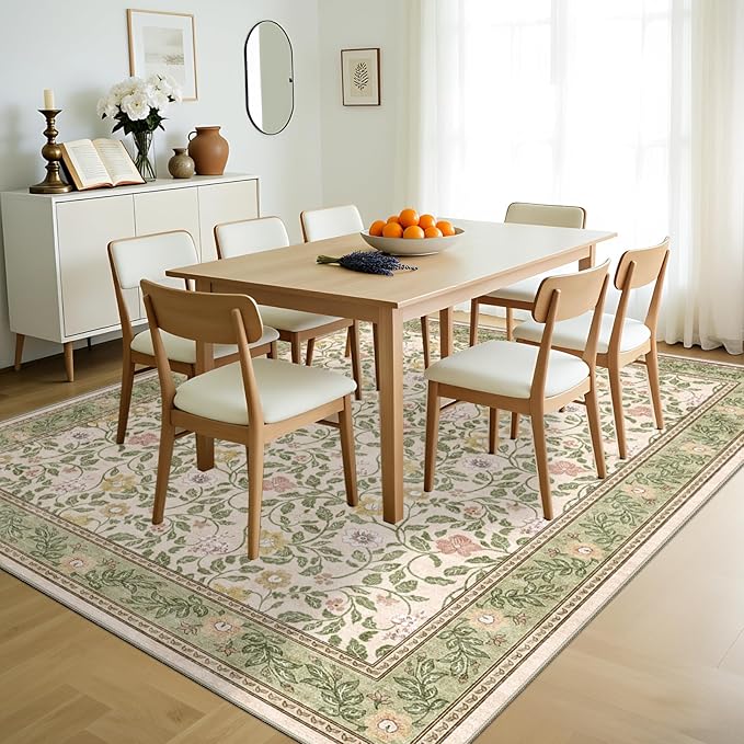 Floral 6x9 Area Rugs Machine Washable Boho Low Pile Soft Vintage Carpet for Living Room with Non Silp for Bedroom,Dining Room,Laundry Indoor,Beige/Green
