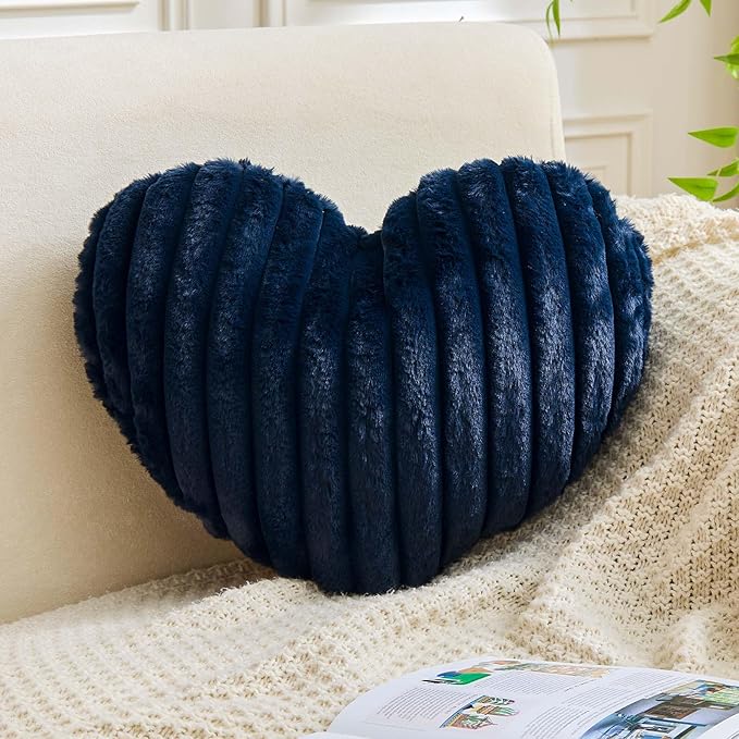 XVTRU Heart Pillows Heart Decorative Pillow Soft Fluffy Heart Shaped Navy Throw Pillows with Faux Rabbit Fur Aesthetic Room Decor Cute Small Pillow for Valentines Mother's Day