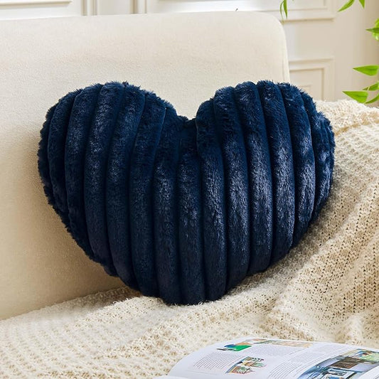 XVTRU Heart Pillows Heart Decorative Pillow Soft Fluffy Heart Shaped Navy Throw Pillows with Faux Rabbit Fur Aesthetic Room Decor Cute Small Pillow for Valentines Mother's Day