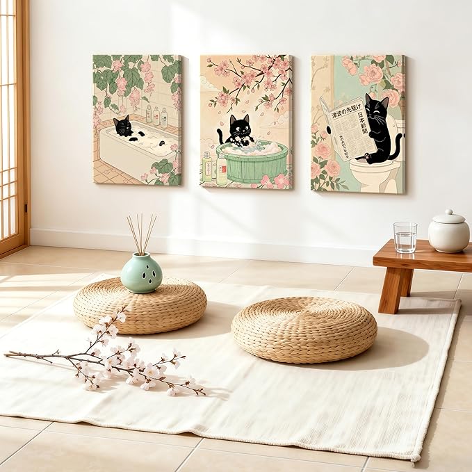 WENGTIAO Japanese Bathroom Wall Art Set of 3 Funny Black Cat Wall Paintings Cute Japan Cat Prints Pictures Animal on Toilet Photo Home Decor for Bathroom Restroom Laundry Room 16”x24”x3