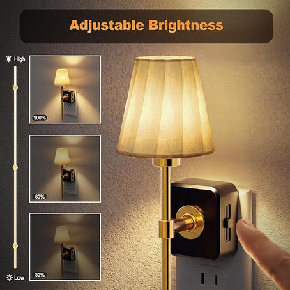 JandCase Night Lights Plug into Wall, 2 Pack Vintage Nightlights, Dusk to Dawn Sensor, 0-100LM Dimmable, Pleated Fabric Beige Lamp for Living Room Bedroom Hallway