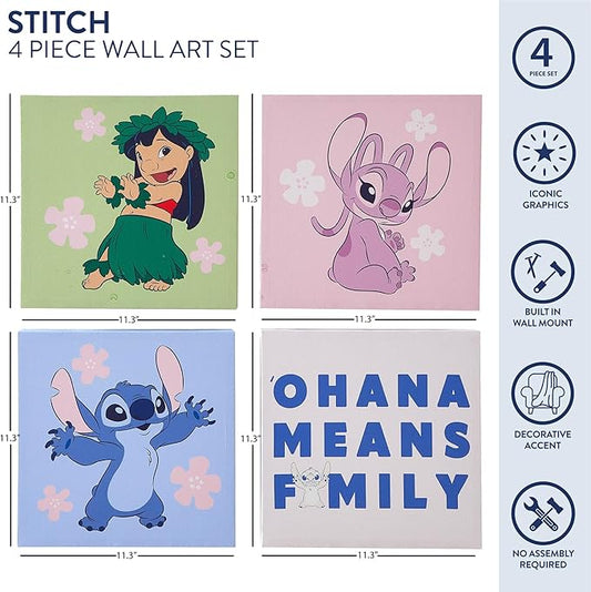 Disney Lilo & Stitch and Angel Canvas Wall Art – 4-Piece Set for Kids’ Room Décor, Each Print 12"x12", Colorful and Fun Artwork for Bedroom, Nursery, or Playroom
