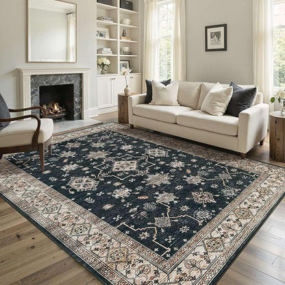 Rugxara 5x7 Area Rugs for Living Room Bedroom, Large Washable Rug, Black Vintage Floral Boho Rug, Non Slip & Low Pile Faux Wool Thin Carpet for Indoor Dining Room and Kids Room(Black 5x7ft)