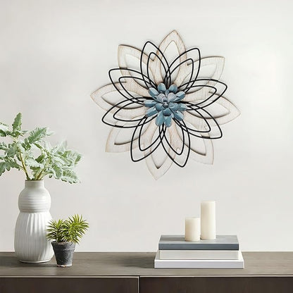 Remenna Metal Flowers Wall Decor, Metal Rustic Wall Art Decoration Farmhouse Wall Decorations Multiple Floral Hanging Decor for Bathroom Living Room Home Office Garden Kitchen (white & blue)
