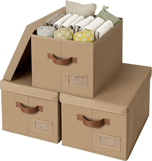 GRANNY SAYS Storage Bins with Lids, Storage Baskets for Linen Closet Shelves, Decorative Storage Boxes, Clothes Storage and Organization for Organizing, 3-Pack, Large, Brown