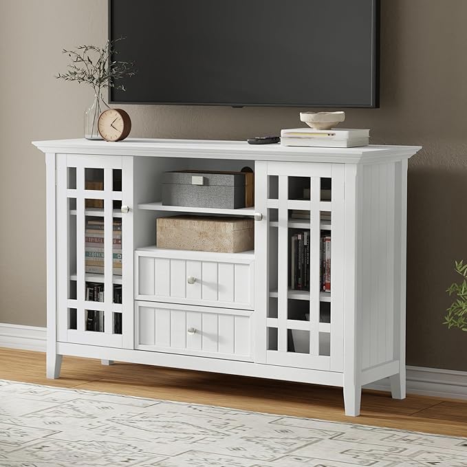 SIMPLIHOME Bedford TV Stand - 53 inch Wide Solid Wood Tall Media Console in White, Transitional Entertainment Center for Living Room for TVs up to 60 Inches with Glass Cabinets and Cable Management