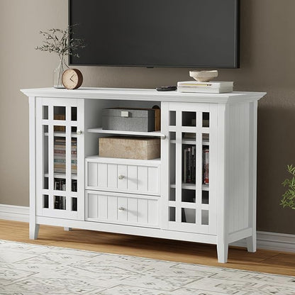 SIMPLIHOME Bedford TV Stand - 53 inch Wide Solid Wood Tall Media Console in White, Transitional Entertainment Center for Living Room for TVs up to 60 Inches with Glass Cabinets and Cable Management