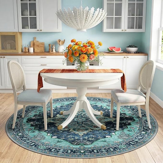 RELEANY Area Rugs Round 6ft Washable Non-Slip, Floral Vintage Distress Print Pattern Medallion Carpet for Living Room Bedroom Dining Room, Teal Green Lake Blue Turquoise