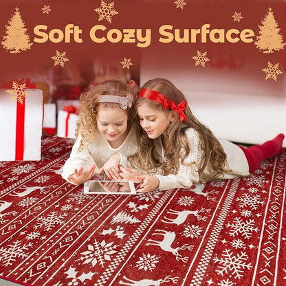 Christmas Rug 6x9 Washable Rugs, Boho Christmas Tree Snowflake Rug Non-Slip Soft Low Pile Non Shedding Indoor Holiday Carpet for Living Room Bedroom Dining Room Home Office (XmasRed, 6'x9')