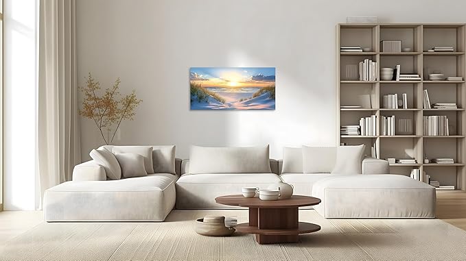 TutuBeer Beach Pictures Ocean Pictures Wall Decor White Beach with Dunes and Grass Picture Print on Canvas Ocean Seascape Paintings Canvas Art Prints Wall Decor Ready to Hang 12" x 24"