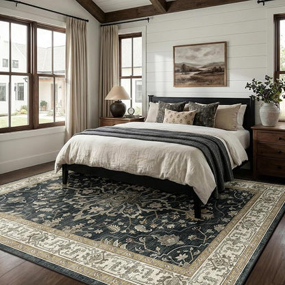 RELEANY Area Rugs 8'x10' Washable Non-Slip, Floral Vintage Distress Print Pattern Medallion Carpet for Living Room Bedroom Dining Room, Vintage Black Brown Neutral