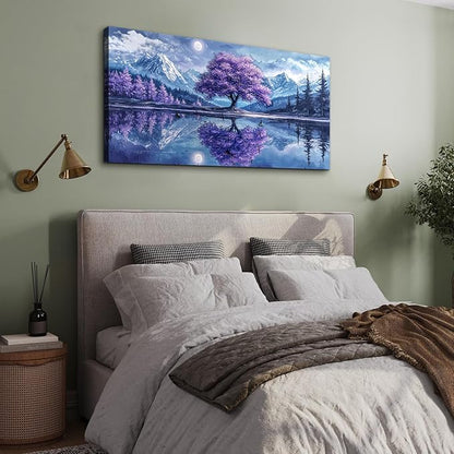 SERIMINO Tree of Life Large Wall Art for Living Room, Fantasy Landscape Canvas Prints, Snow Mountain Lake Pictures, Purple Tree Paintings Wall Decor for Bedroom, Office Decor 24"X48"