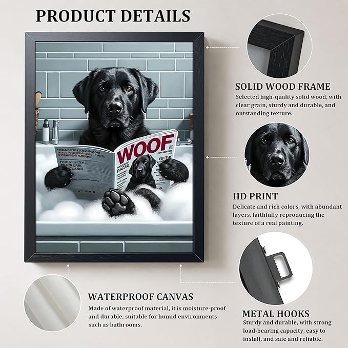Framed Funny Dog Bathroom Canvas Wall Art, Black Labrador Reading Newspaper in Bathtub Poster Painting Print Picture, Humorous Animal Wall Decor for Modern Farmhouse Toilet Restroom Washroom 8x10 Inch