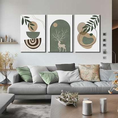 Boho Sun Canvas Wall Art Set of 3, Neutral Abstract Minimalismt Bohemian Geometric & Botanical Plants Pictures Prints Artwork Paintings Wall Decor for Bedroom Living Room Home Decoration 24x36 inches