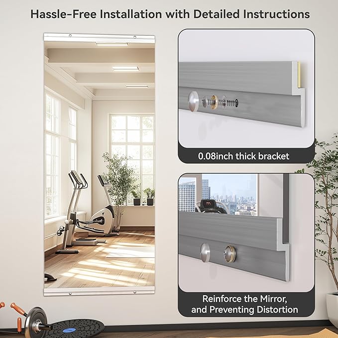 Hasipu Home Gym Mirror 55" L x 24" W - 2PCS Large Full Body Mirror for Yoga, Fitness, Garage, Dance Studio, Wall-Mounted, 0.16in Tempered Glass Frameless