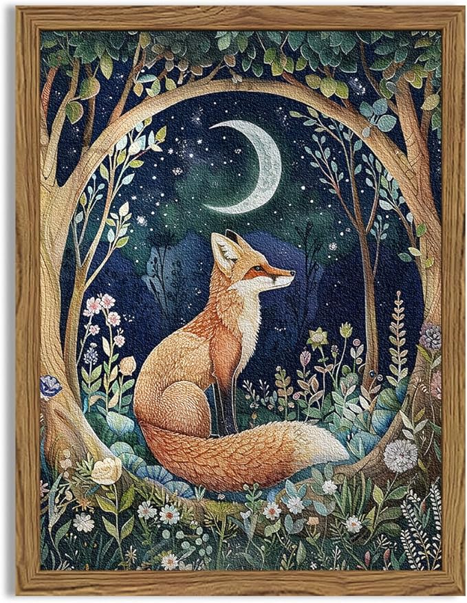 Framed 3D Textured Vintage Wall Art - Cottagecore Hand Drawn Sandstone Fox Paintings Wall Decor, Whimsical Forest Animal Floral Botanical Aesthetic for Bedroom Living Room Nursery 12x16 inch