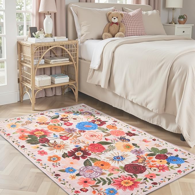 Pink Area Rug 4x6 Washable Boho Rugs Non Slip Low Pile Floral Small Carpet for Bedroom, Bedside, Kids Room, Office, Dining Room (Light Pink)
