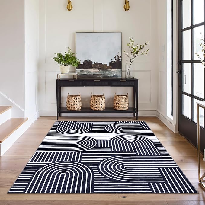 ROYHOME Washable Rug 5x7 Area Rugs for Living Room, Abstract Rug for Bedroom, Soft Rainbow Non Slip Throw Rugs with Rubber Back, Low Pile Stain Resistant Boho Geometric Carpet for Dining Room, Blue