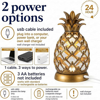 8.3 inch Pineapple Glitter Water Lamp, USB Type-C & 3 AA Battery Operated Gold Pineapple Table Lamp with 6 Hours Timer, Soft Ambient Night Light for Bedroom, Living Room, Bar, Shelf Decor, Gift