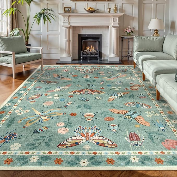 Lahome Insect 9x12 Area Rugs for Living Room Bedroom, Soft Washable Rugs 9x12 Stain Resistant, Ultra-Thin Non-Slip Non-Shedding Accent Carpet for Dining Room Office Vionnet, Green