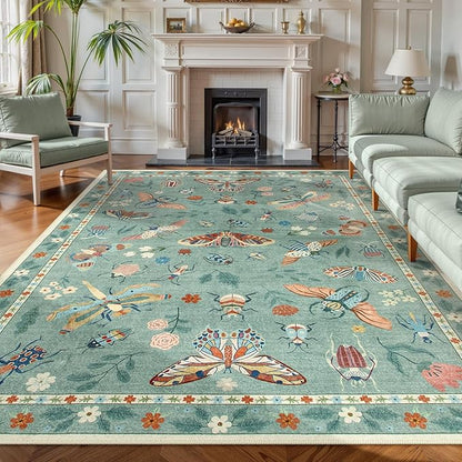 Lahome Insect 9x12 Area Rugs for Living Room Bedroom, Soft Washable Rugs 9x12 Stain Resistant, Ultra-Thin Non-Slip Non-Shedding Accent Carpet for Dining Room Office Vionnet, Green