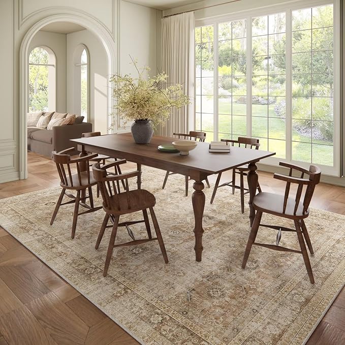 Washable 8x10 Area Rugs for Living Room, Boho Non-Slip Vintage Distress Large Rugs for Bedroom Dining Room Nursery Office, 0.3" Neutral Oriental Throw Thin Carpet, Brown/Multi, C1
