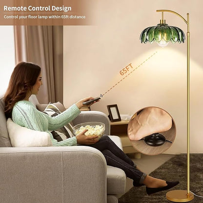 ZECOXOL Gold Floor Lamps for Living Room Vintage Green Floor Lamp with Remote Control & Glass Lampshape,Dimmable Mid Century Modern Standing Lamp Tall Flower Lamp Brass Floor lamp for Bedroom Corner