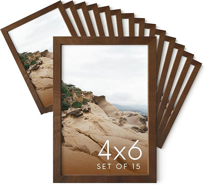 Haus and Hues 4x6 Walnut Oak Wood Photo Frame Set of 15 - Mini Picture Frames Bulk Gallery Set - Premium Bulk Picture Frames 4x6 for Stylish Photo Gallery Wall Frame Set - Ideal for Home & Office