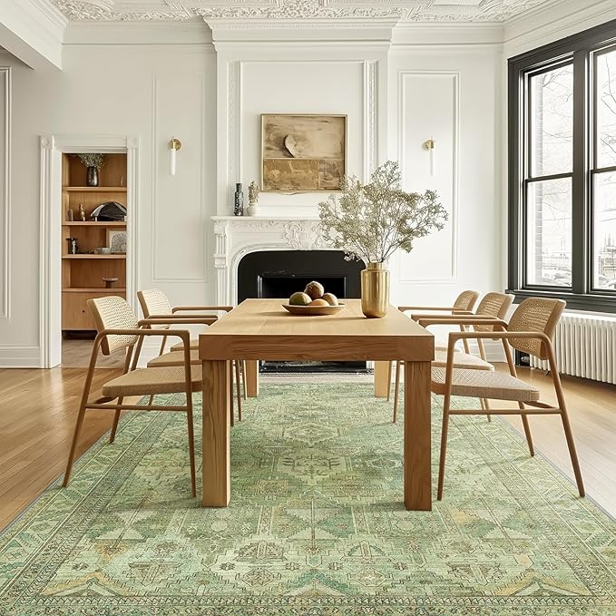Bavni Washable Rug 8x10 Area Rug for Living Room Bedroom Dining, Washable Vintage Print Carpet, Ultra-Thin Chenille Low Pile Lightweight Rug with Non Slip Backing, Light Green