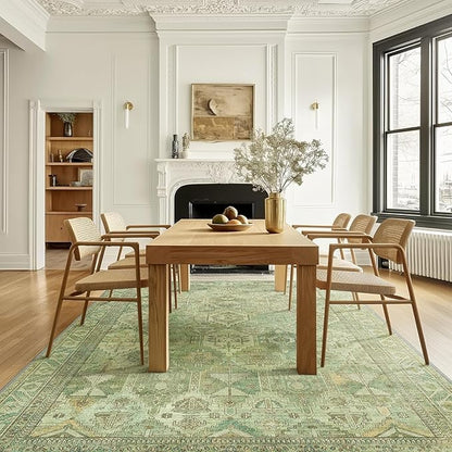 Bavni Washable Rug 6x9 Area Rug for Living Room Bedroom Dining, Washable Vintage Print Carpet, Ultra-Thin Chenille Low Pile Lightweight Rug with Non Slip Backing, Light Green