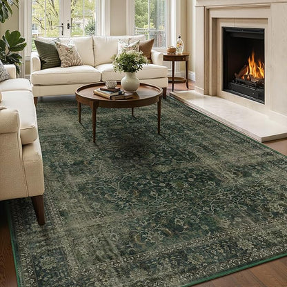Area Rugs 6x9 Dark Green, Vintage Distressed Earth Tone Living Room Rug Washable Low Pile, Dark Moody Carpet Rug for Bedroom Dining Room Non Slip, Home Office Reading Nook