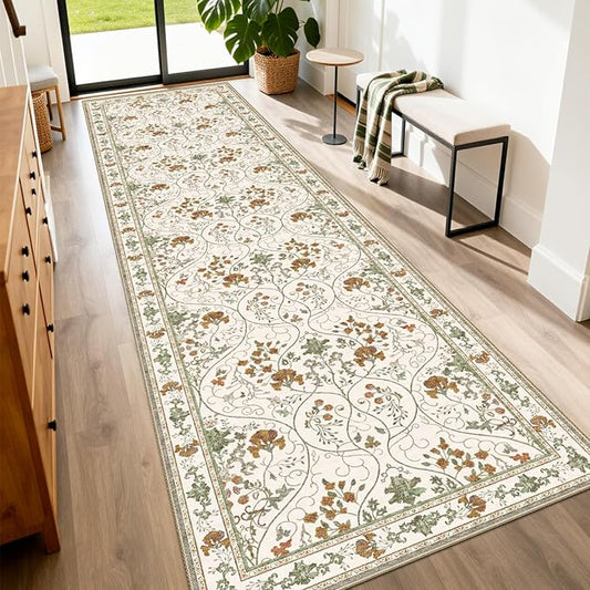 Floral 2x8 Runner Rug with Non Slip Low Pile Washable Entryway Rug,Soft Vintage Runner for Hallway Kitchen Living Room Bedroom Bathroom,Beige White