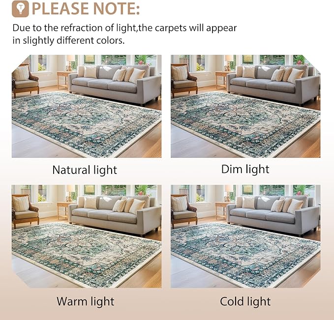 BESTSWEETIE 9x12 Area Rug Washable Rugs for Living Room, No Pile Boho Carpet for Entryway Bedroom Dinning Room, Vintage Carpet Print Distressed Non-Slip, 9 x 12 ft, Green
