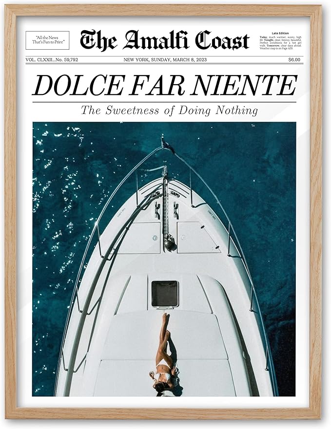EcoHest Trendy Newspaper Dolce Far Niente Framed Wall Art, 12x16 in OAK Wood La Dolce Vita Canvas Art, Magazine Italian Summer Headline Print Decor, Beige Logs Set of 1 for Bedroom Living Room