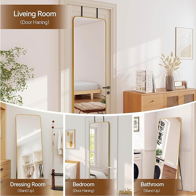 NARCISSUS 57x20 Mirror Door Hanging Full Length Body with Floor Stand or Wall Mounted Metal Aluminum Frame Tempered Glass Rectangle Mirrors for Bedroom Dressing Living Room Bathroom 57 inch Gold
