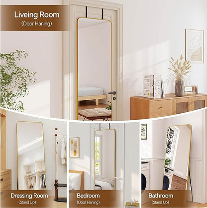 NARCISSUS 57x20 Mirror Door Hanging Full Length Body with Floor Stand or Wall Mounted Metal Aluminum Frame Tempered Glass Rectangle Mirrors for Bedroom Dressing Living Room Bathroom 57 inch Gold