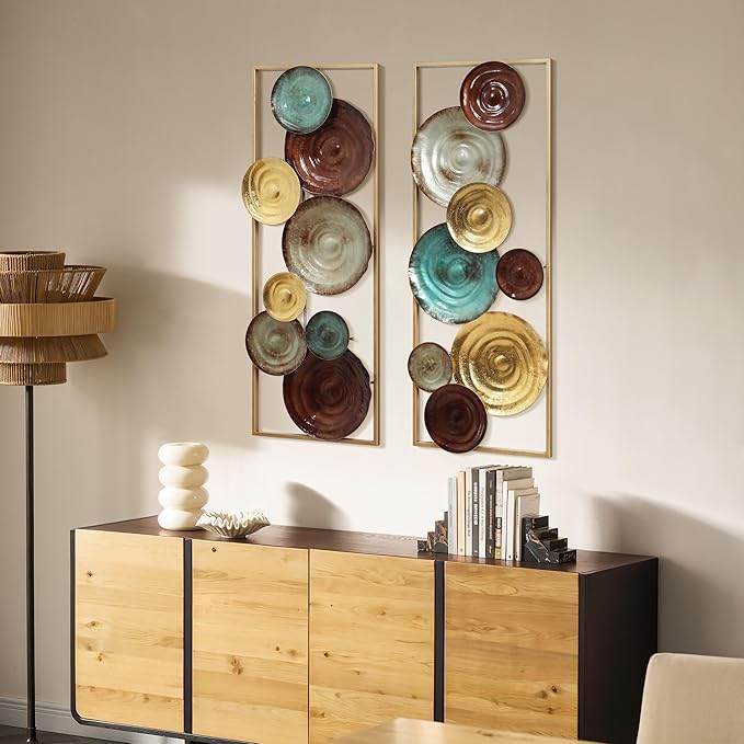 LuxenHome Metal Wall Art, Set of 2 Modern Multi-Color Gems Abstract Wall Decor Panels with Frame, 35" Hanging Sculptures Decor for Living Room, Metal Artwork Accent for Bedroom Dining Room Office