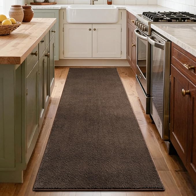FinRèc 2x6 Washable Runner Rugs for Kitchen Hallway Bedroom, Low Pile Thin Rug Solid Color, Non-Slip Carpet Indoor for Home Decor (Pure Brown)