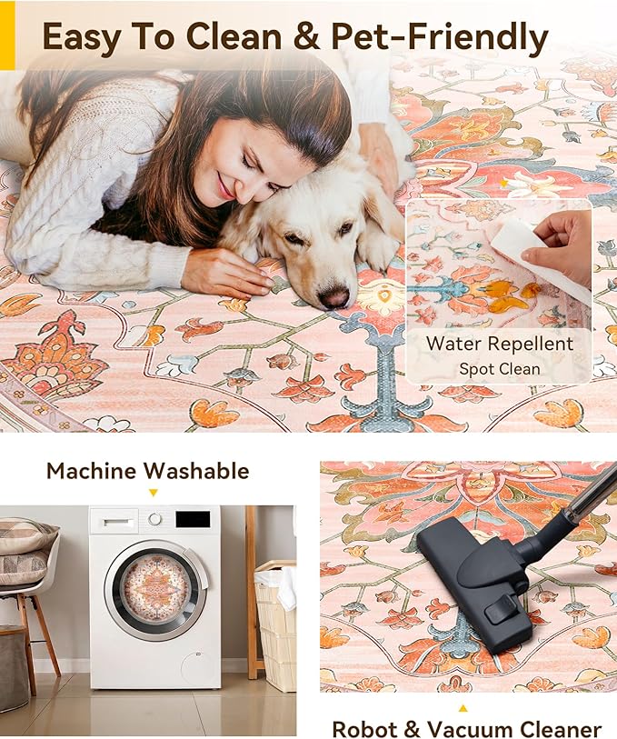 RELEANY Area Rugs Round 4ft Washable Non-Slip, Floral Vintage Distress Print Pattern Medallion Carpet for Living Room Bedroom Dining Room, Light Pink Colorful