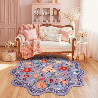 Macgace Purple Round Rug for Girls Bedroom, 4ft Machine Washable Floral Area Rugs with Non Slip Backing, Cute Flower Carpet Kitchen Living Room Kids Playroom Decor